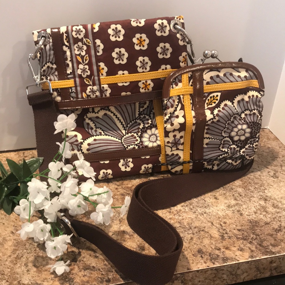 VERA BRADLEY Cross Body Slate Blooms Flipster Fold Over Purse & Kisslock Wallet